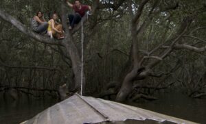 ワニに襲撃され木の上に避難した登場人物3名 映画『ブラックウォーター』